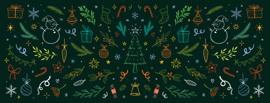 Christmas drawn holly line decor, pine branch, snowflake background. Hand drawn doodle sketch holly floral, christmas tree leaves, winter pine. Holiday ornament sketch doodle. Vector illustration