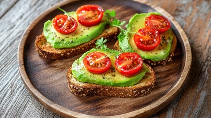 Avocado Toast with Cherry Tomatoes on Wooden Plate