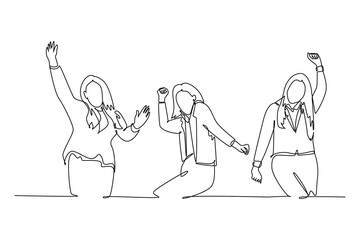 Single one line drawing of young startup founders and business CEO raised their fist into the air to celebrate successful funding from investor. Continuous line draw design graphic vector illustration