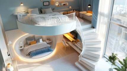 Modern Loft Apartment with Circular Bed and Spiral Staircase