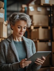 Woman in Warehouse Reading Tablet