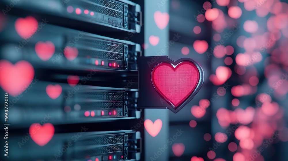 Poster a close up of a server rack with blinking lights and a firewall icon superimposed, representing the 