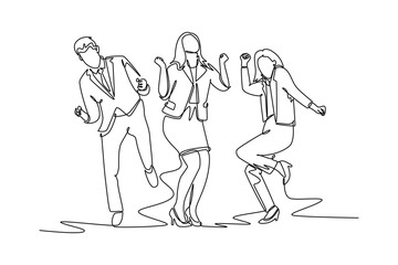 Single one line drawing young happy male and female company founder jumping at the meeting room together. Business teamwork celebration concept. Continuous line draw design graphic vector illustration