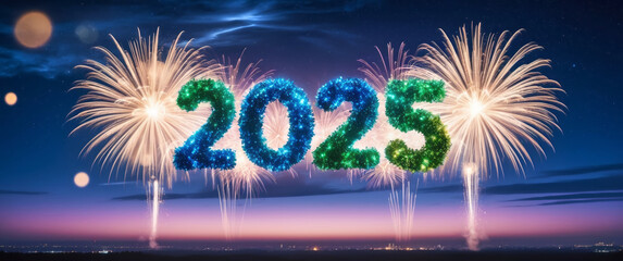 New year banner with 2025 number in shiny blue and green balloons floating in the sky surrounded by bright fireworks at dusk over illuminated city skyline, holiday festive banner or website header