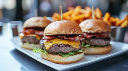 Three Juicy Cheeseburgers with Bacon and Fries