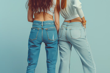 Two young women showcasing stylish denim fashion in pastel-colored jeans against a soft blue background.