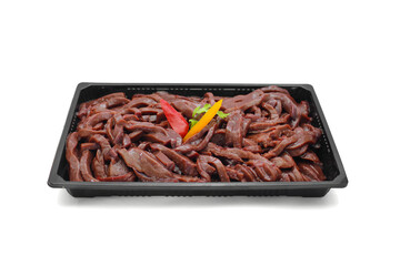 Fresh Sliced Raw Liver in Black Tray with Colorful Peppers Isolated on White Background