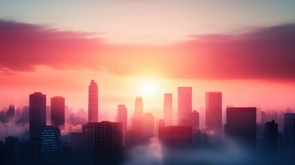 Fototapeta premium Warm hues of orange and pink paint the sky as the sun rises over a sprawling cityscape, casting long shadows across the buildings.