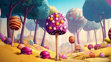 A whimsical candy forest filled with colorful sweet treats and vibrant trees. - Powered by Adobe