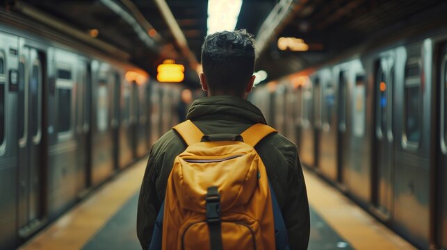 Urban Commute Photograph: Young Man with Yellow Backpack in Subway Station
