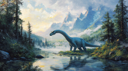 Fototapeta premium An elegant Diplodocus gracefully drinking water from a calm prehistoric lake, its long neck arched towards the clear, reflective surface