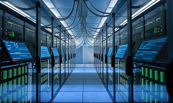 The data travels electronically within the network and data servers housed behind transparent screens in the server room of a data center or Internet service provider.