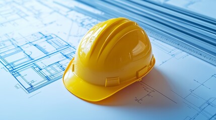 A yellow hard hat rests on white, surrounded by blueprints and rulers, highlighting construction planning.