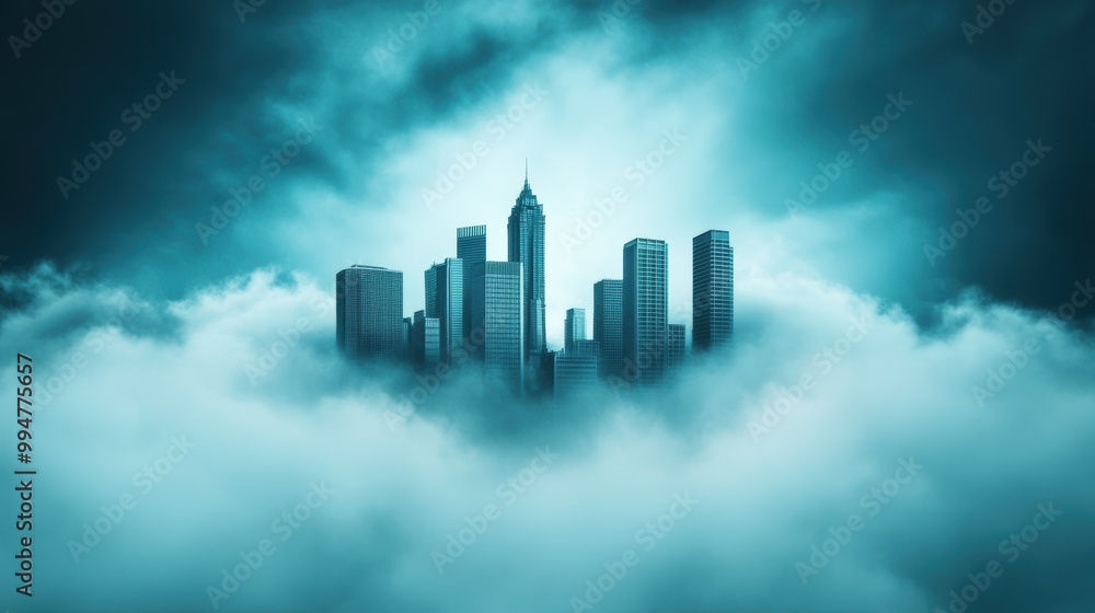 Poster a mysterious and atmospheric view of a city skyline partially obscured by fog, creating a sense of i