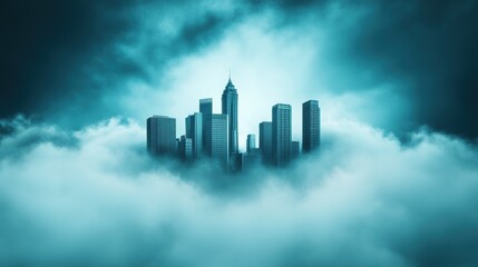 Fototapeta premium A mysterious and atmospheric view of a city skyline partially obscured by fog, creating a sense of intrigue and wonder.