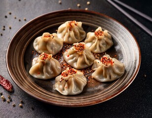 Delicious dumplings with sesame seeds and chili flakes on a plate.