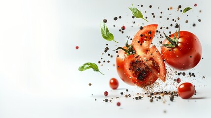 Fresh tomatoes, basil leaves, and peppercorns float in mid-air against a white background, capturing the essence of Italian cuisine.