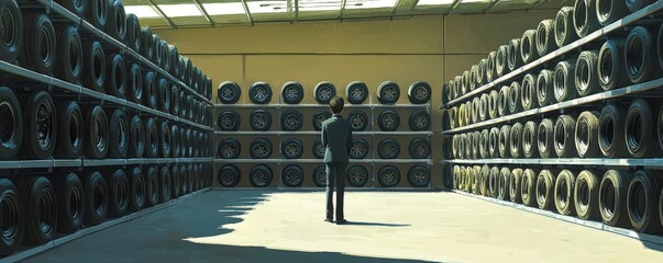 Man in Isometric Tire Warehouse Illustration