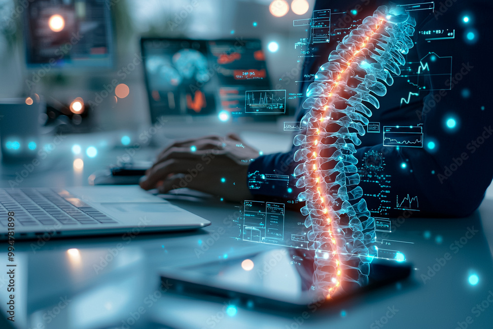 Poster a person is typing on a laptop with a spine image on the screen