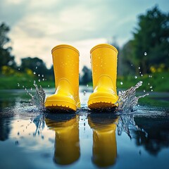 Bright Yellow Rain Boots Splashing in Puddle