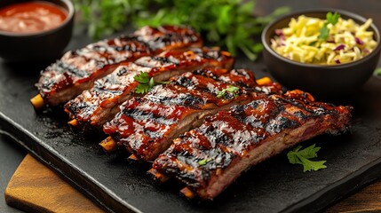 A platter of grilled pork ribs with a smoky barbecue sauce, served with coleslaw, grilled pork ribs, barbecue classic