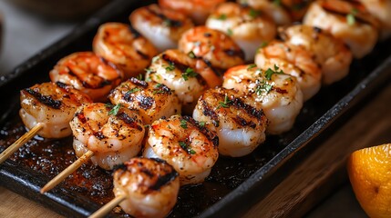 A selection of grilled seafood skewers, including shrimp, scallops, and calamari, served with garlic butter, seafood barbecue skewers, ocean feast