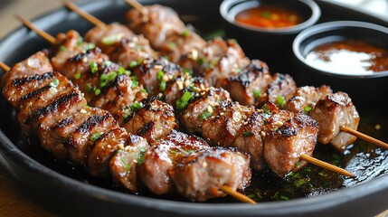 A sizzling plate of grilled pork skewers with dipping sauces on the side, grilled pork skewers, Thai street food