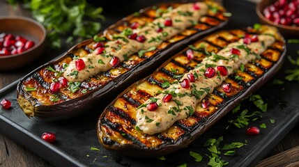 Grilled eggplant slices served with a tahini sauce drizzle and fresh pomegranate seeds, grilled eggplant, Middle Eastern barbecue