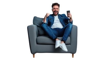 Excited Man Celebrating Victory on Smartphone While Sitting on Comfortable Armchair - Isolated Transparent Background PNG