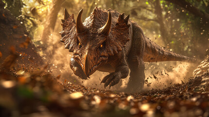 An energetic depiction of a triceratops-like dinosaur charging forward, surrounded by a flurry of...