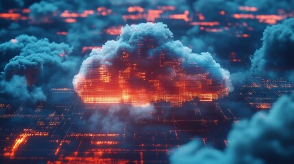 A digital cloud, glowing with an orange light, sits in a sea of white clouds.