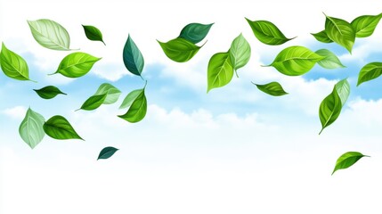 Obraz premium Green leaves floating against a blue sky background with white space.