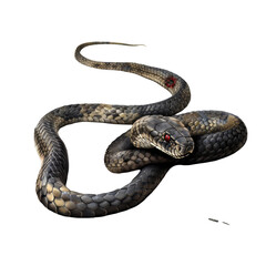 Obraz premium A close-up of a black snake with red eyes coiled in a defensive position.
