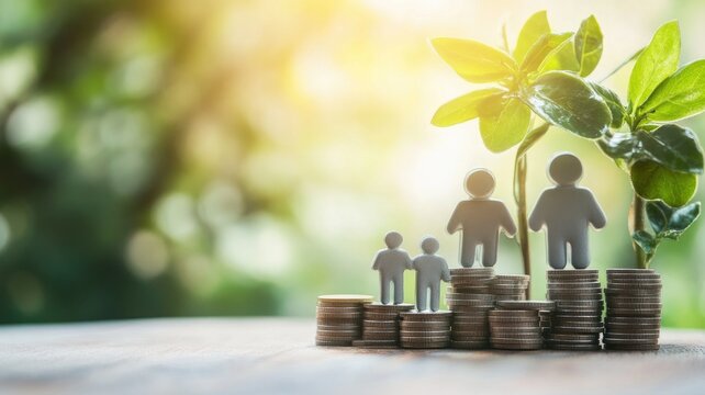 Family figures stand on stacked coins with growing plants, symbolizing financial growth and stability