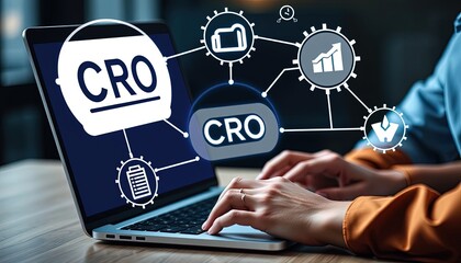 CRO, conversion rate optimization technology concept. A person works on a laptop with CRO related technology icons, symbolizing conversion rate optimization and digital marketing. business strategy,

