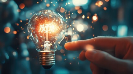 Close-up of hand near glowing light bulb with sparkling particles