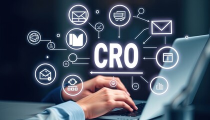 Obraz premium CRO, conversion rate optimization technology concept. A person works on a laptop with CRO related technology icons, symbolizing conversion rate optimization and digital marketing. business strategy,
