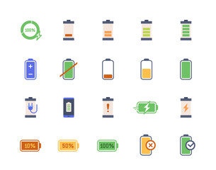 Battery icon set. Colorful signs with battery energy level, full or low charge indicator and fast charging. Design element for app. Flat vector illustration collection isolated on white background