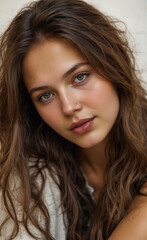 Obraz premium Close-up portrait of a young woman with long wavy brown hair, showing a soft and serene expression. Ideal for beauty, fashion, and lifestyle projects, with natural light and a minimalist background.