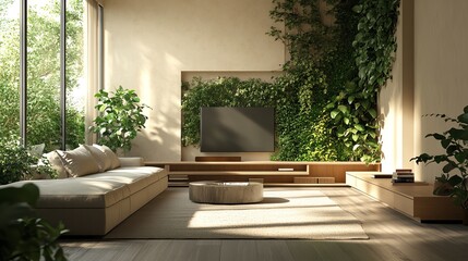 Modern living room with a green wall, large windows, and comfortable furniture.
