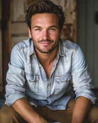 Fototapeta premium Portrait of Handsome Young Man in Casual Denim Shirt, Confident Urban Lifestyle Concept