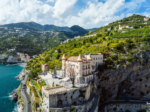 Maiori from a drone, Amalfi Coast, Salerno, Campania, Italy