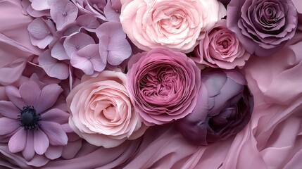 Close-up of delicate pink and purple flowers arranged on a soft fabric background.