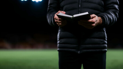 Coach Holding Notebook on Field Under Stadium Lights During Night Game
