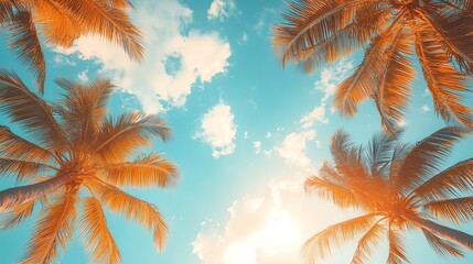 Looking up at palm trees against a bright blue sky.