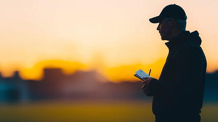 Silhouette of Coach Holding Notebook at Sunset on Sports Field
