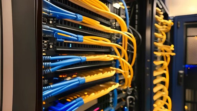 Close-up of a Server Rack with Numerous Network Cables