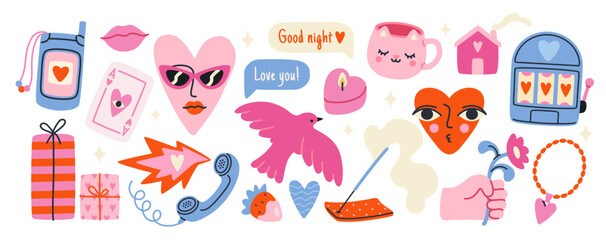 Valentines Day retro sticker set. Groovy hand drawn love elements with heart characters, pink dove, gift and romantic message. Flat vector illustration collection isolated on white background