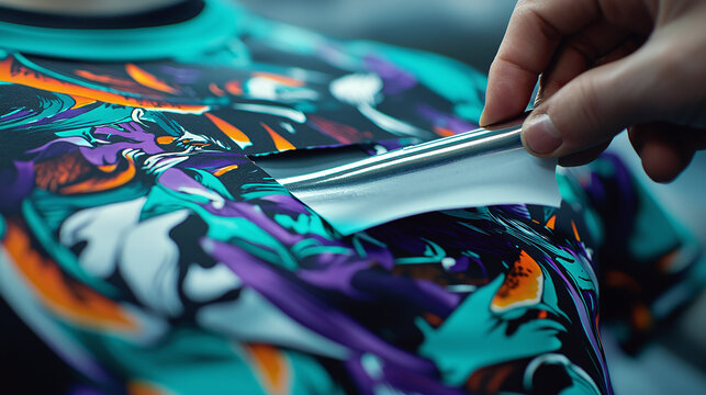 close-up view of DTF transfer paper being peeled off a vibrantly printed t-shirt