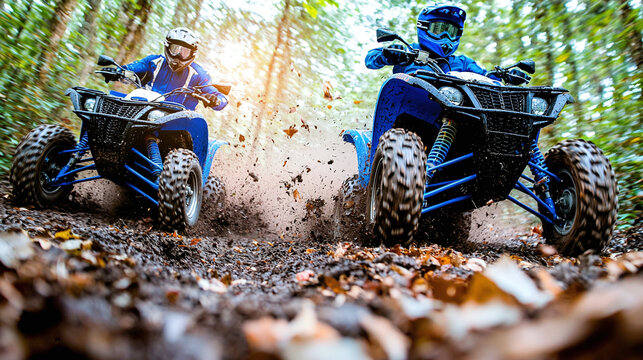 two quad bikes racing through a dense forest trail, kicking up leaves and dirt